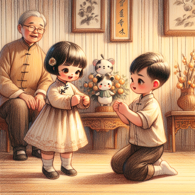 Xiaoming and Lili prepare a special performance for their grandparents on Chongyang Festival, expressing their gratitude and filial piety through a story and song. The grandparents are deeply touched and proud of their grandchildren's heartfelt performance.