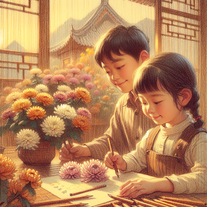 Xiaoming and Lili express their love for their grandparents by making a handmade card with chrysanthemums and a heartfelt letter for the Double Ninth Festival, bringing joy to their grandparents.