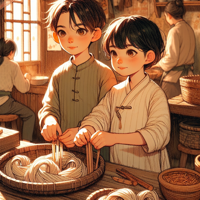 Two friends, Xiaoming and Lili, learn to make traditional Chinese sausages together, adding warmth and flavor to their family's winter celebrations.