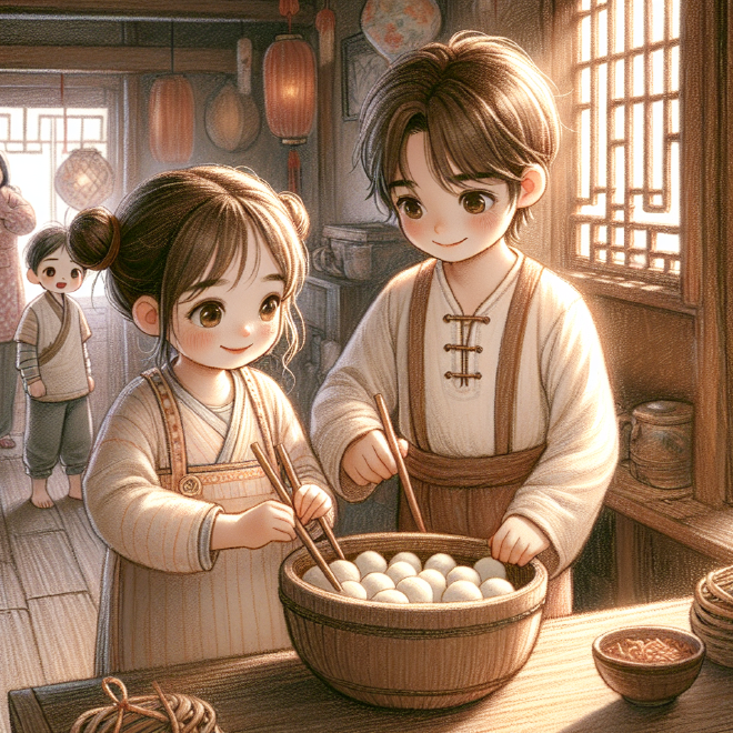 Xiaoming and Lili learn to make traditional tangyuan during Winter Solstice Festival with their mother's guidance, discovering both the cultural significance of the dish as a symbol of reunion and happiness, and the joy of family bonding through cooking together.