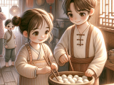 Xiaoming and Lili learn to make traditional tangyuan during Winter Solstice Festival with their mother's guidance, discovering both the cultural significance of the dish as a symbol of reunion and happiness, and the joy of family bonding through cooking together.