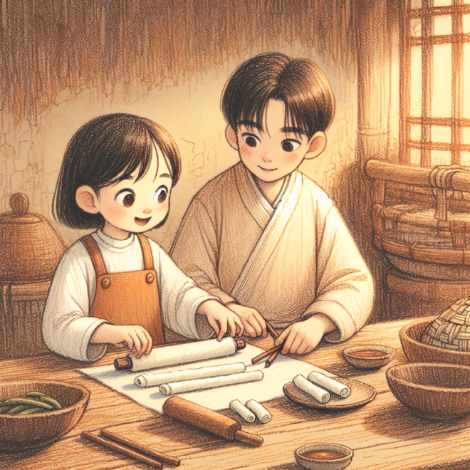 Xiaoming and Lili learn to make spring rolls together to prepare for the Spring Festival, and despite initial difficulties, they successfully create delicious snacks and enjoy a warm family gathering that emphasizes the importance of being together.