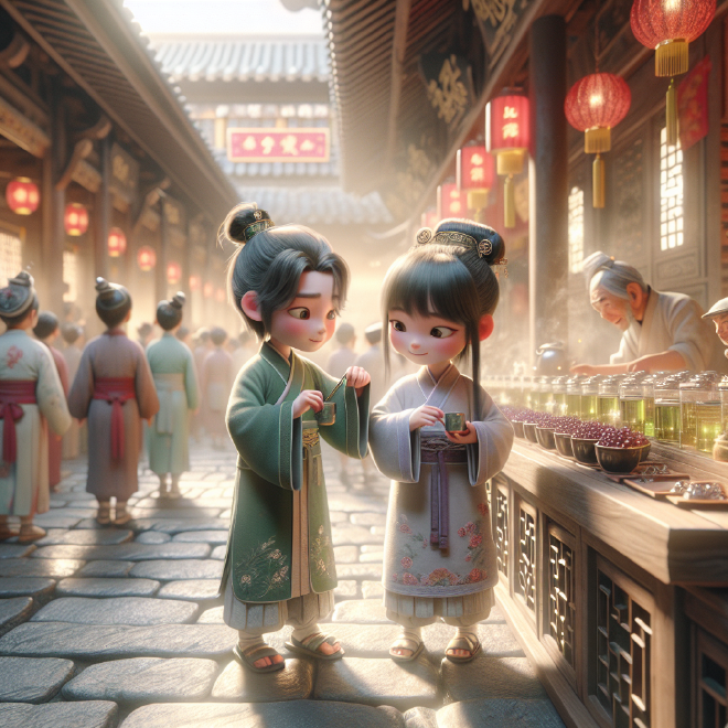Lili and Xiaoming visit a tea shop, sample different teas with the help of an old man, and discover their individual preferences for green and black tea, respectively.