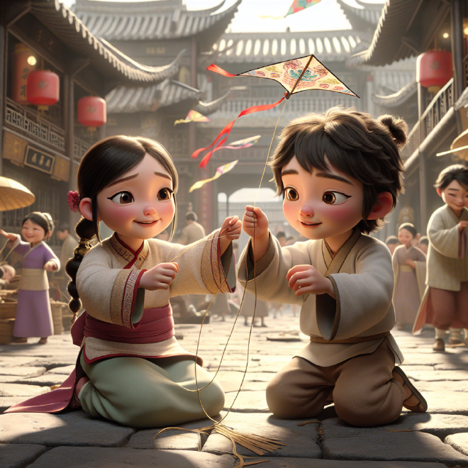 Lili and Xiaoming find joy in repairing and flying a discarded kite together, learning about a Chinese tradition in the process.
