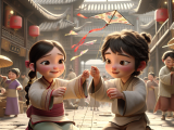 Lili and Xiaoming find joy in repairing and flying a discarded kite together, learning about a Chinese tradition in the process.