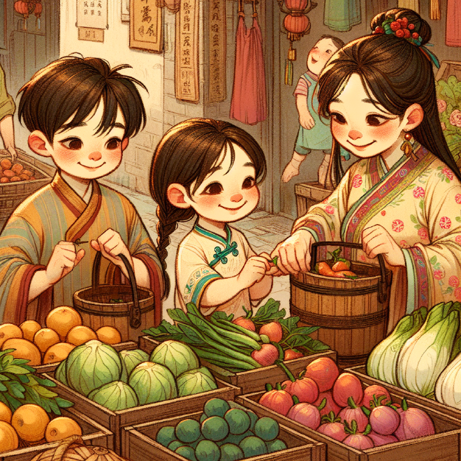 Lili and Xiaoming accompany Lili's mother to a farmer's market to buy fresh produce for a healthy family dinner and learn about different vegetables and fruits.