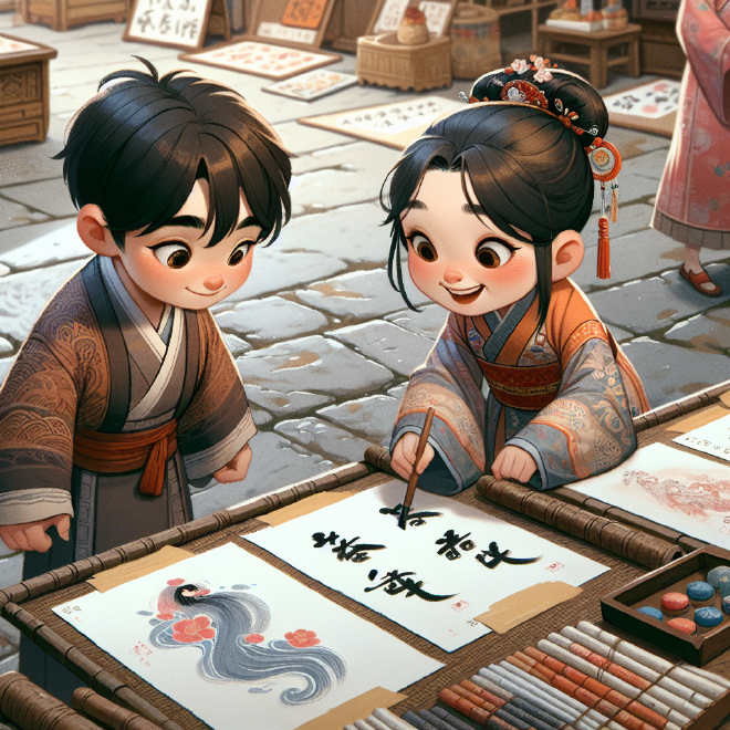 Lili and Xiaoming happily explore a local temple fair, where Lili buys calligraphy and Xiaoming tries sugar painting, enjoying the traditional crafts and promising to return.