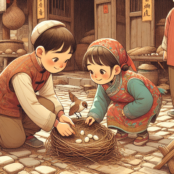 Lili and Xiaoming, finding a fallen bird nest with eggs, carefully returned it to the tree and nurtured the hatchlings until they could fly.