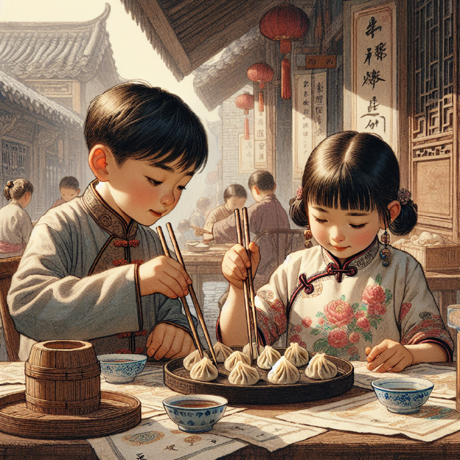 Lili overcomes her initial frustration with using chopsticks through Xiaoming's patient guidance and encouragement, eventually succeeding and enjoying a dumpling meal together.