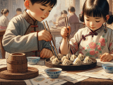 Lili overcomes her initial frustration with using chopsticks through Xiaoming's patient guidance and encouragement, eventually succeeding and enjoying a dumpling meal together.