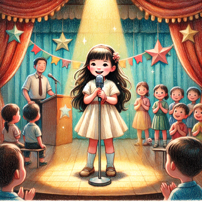 With her friend's support and practice, Lili overcame her shyness and delivered a wonderful singing performance at the school talent show.