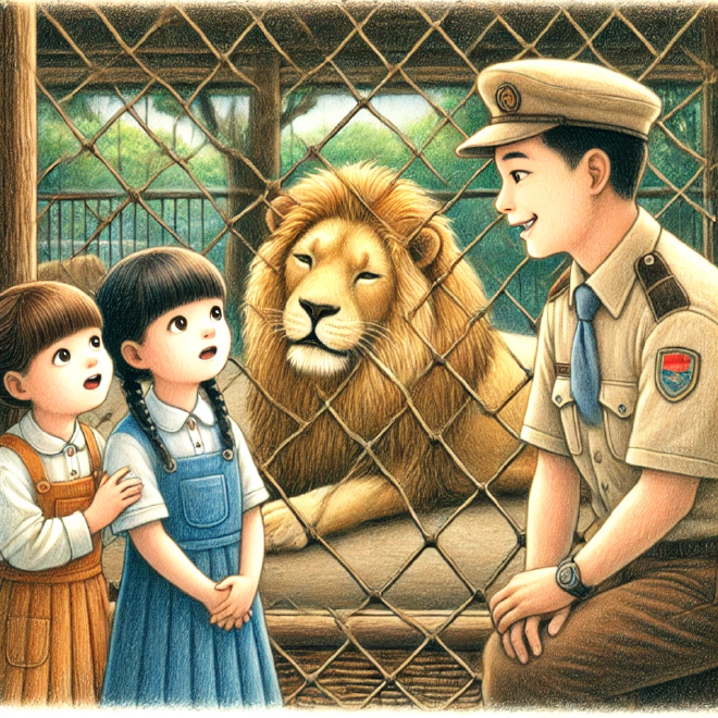 Lili and Xiaoming's initial fear of lions at the zoo turned into admiration after learning from the zookeeper that the seemingly scary lion was actually friendly and well-cared for.