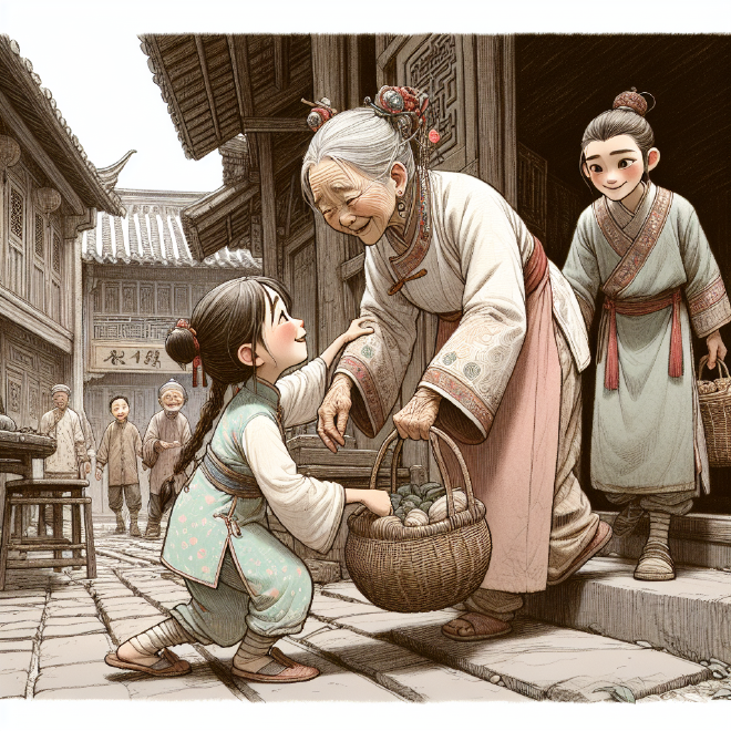 Lili helps an elderly woman carry her heavy groceries to the fifth floor and is rewarded with a candied hawthorn for her kindness.