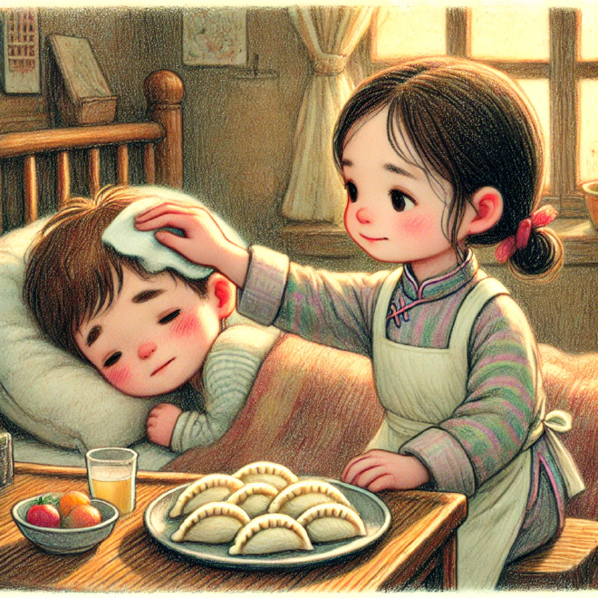 Lili learns that caring for Xiaoming, who is sick, is more meaningful than surprising him with homemade dumplings.