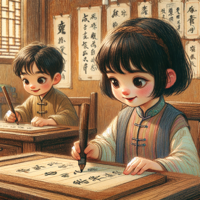 Lili and Xiaoming learn to write calligraphy through mutual encouragement and practice, realizing the value of effort and teamwork.