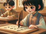Lili and Xiaoming learn to write calligraphy through mutual encouragement and practice, realizing the value of effort and teamwork.