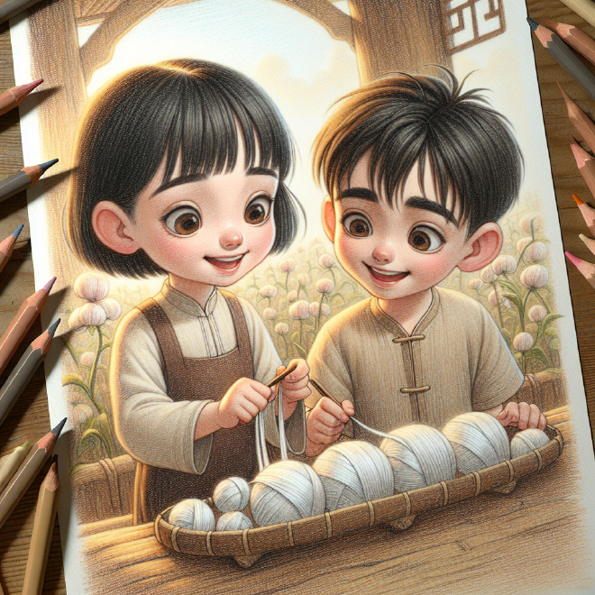 Lili and Xiaoming visit a farm to learn about silkworms and silk production, and they joyfully create a silk flower with the farmer's help, resolving to protect the environment.