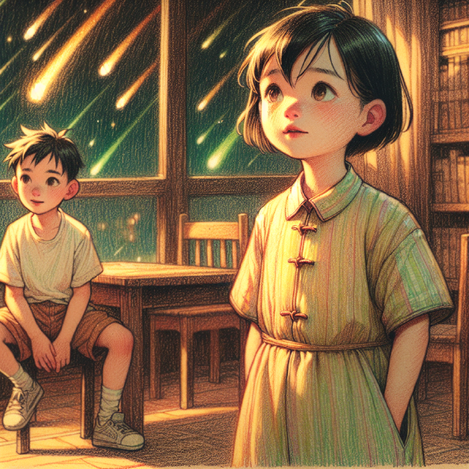 Excited about an upcoming meteor shower, Lili and Xiaoming visit the library to learn more, and eventually have an unforgettable night watching it together.