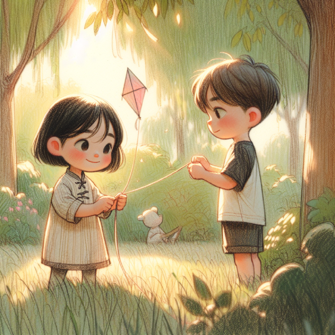When Lily's kite gets stuck in a tree, her friend Xiao Ming helps her retrieve it with a branch, and they continue to enjoy their day in the park.