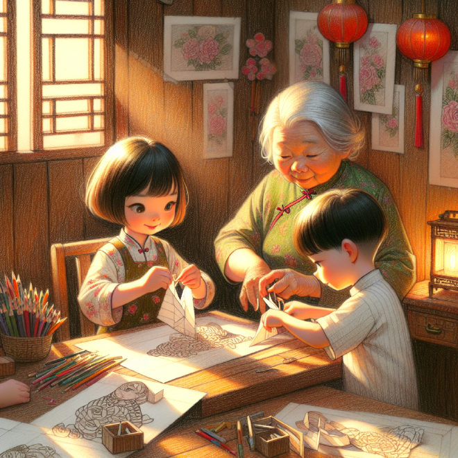 Lily and Xiaoming learn paper-cutting from Grandma Li and decorate their home with their creations, bringing them joy and warmth.