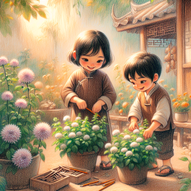 Lili and Xiaoming visit a TCM doctor to learn about beneficial herbs, then happily cultivate mint and chrysanthemum in their own garden.