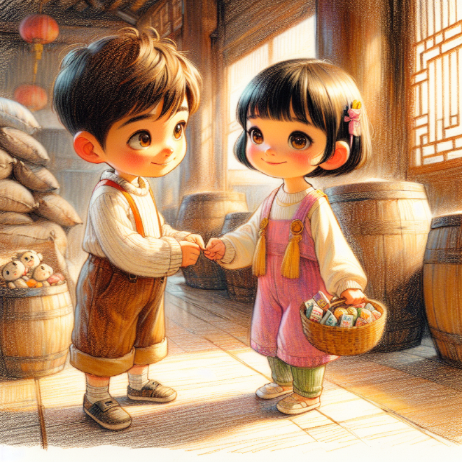 Lili and Xiaoming selflessly spend their saved money to bring joy to orphans on Children's Day, learning the value of sharing and helping others.