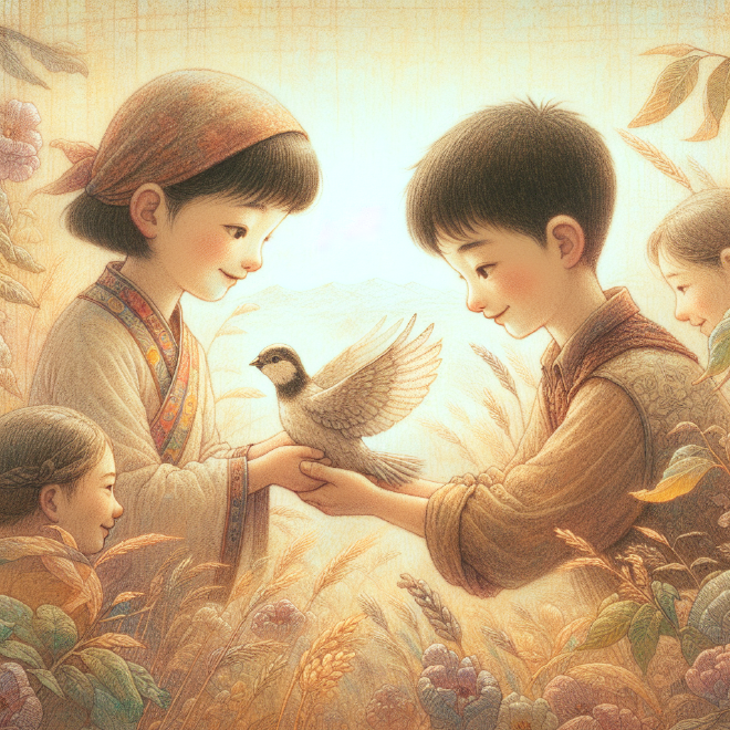 Xiao Ming and his mother care for an injured bird until it recovers and flies away, symbolizing freedom.