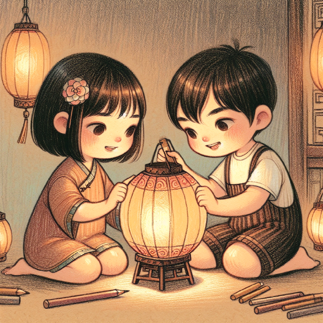 Two children make a lantern for the Mid-Autumn Festival, hoping it brings happiness, good luck, and family unity. The lantern's glow symbolizes the warmth and togetherness shared by the family during the festive evening.