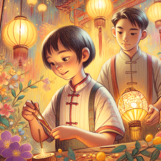 Xiaoming and Lili made lanterns with their family's help to celebrate a special Mid-Autumn Festival.