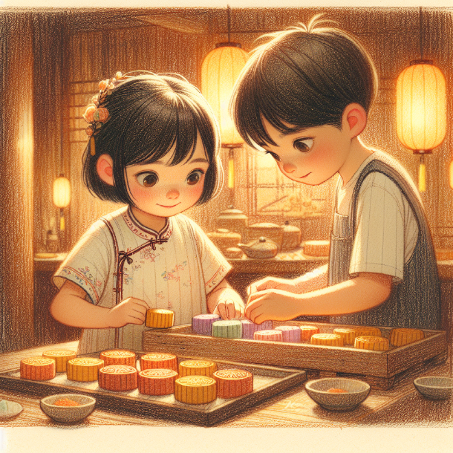Xiaoming and Lili prepared mooncakes and lanterns for a Mid-Autumn Festival family gathering, bringing joy and warmth to everyone.