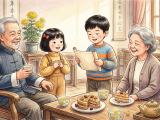 Xiao Ming and Li Li prepare for the Double Ninth Festival by buying chrysanthemum tea for their grandfather and Chongyang cake for their grandmother. They also perform an ancient poem recitation, and the whole family spends a warm afternoon together tasting the treats, drinking tea, and chatting happily.