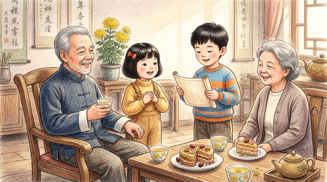 Xiao Ming and Li Li prepare for the Double Ninth Festival by buying chrysanthemum tea for their grandfather and Chongyang cake for their grandmother. They also perform an ancient poem recitation, and the whole family spends a warm afternoon together tasting the treats, drinking tea, and chatting happily.