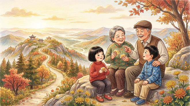 Xiaoming and Lili spent the Double Ninth Festival climbing a mountain with their grandparents. Along the way and at the top, the grandparents shared memories of climbing and enjoying chrysanthemums when they were young. The family ate sweet Chongyang cake together and made a warm plan to climb again next year.