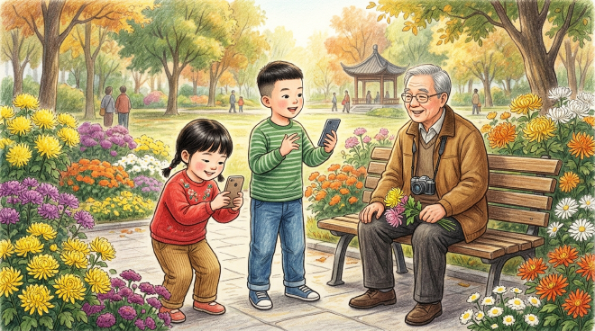 During the National Day holiday, Xiaoming and Lili took their grandfather to a park to see a chrysanthemum exhibition and took many photos with their phones. They admired chrysanthemums of many colors and shapes, and Grandpa was very happy. On the way home, they discussed making a family album with selected photos and captions to preserve the wonderful memories.