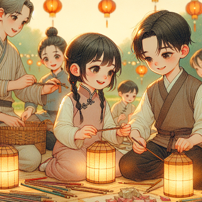 Xiao Ming and Lili make homemade lanterns for the Lantern Festival and celebrate with their family by admiring lanterns and eating tangyuan at the park.