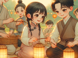 Xiao Ming and Lili make homemade lanterns for the Lantern Festival and celebrate with their family by admiring lanterns and eating tangyuan at the park.