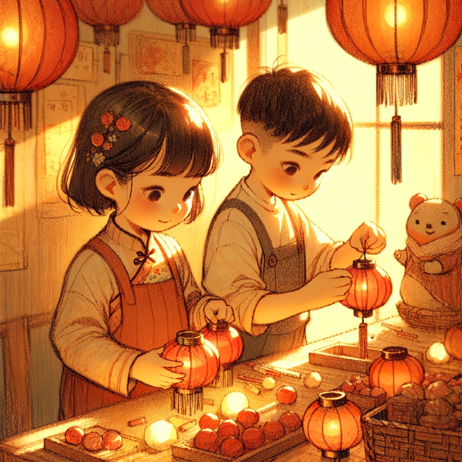 Xiao Ming and Lili prepare for the Lantern Festival by making red lanterns and creating riddles together, then celebrate with family and friends who enjoy eating tangyuan and solving their riddles.