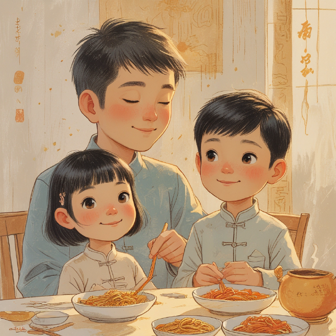 On the eve of the Longtaitou Festival, Xiao Ming and his father got haircuts for good luck, then returned home where his sister Lili taught him to make dragon-shaped noodles, and the whole family celebrated together with hopes for a healthy and happy new year.