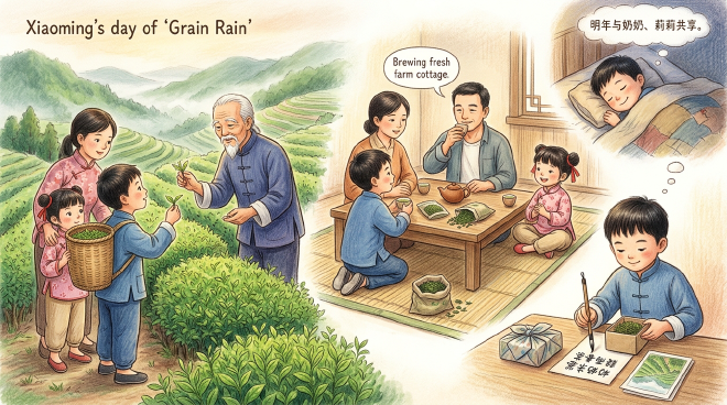 On the day of Grain Rain, Xiaoming and his mom visited a mountain tea garden where an old master taught them how to pick the most tender tea leaves. After spending over two hours picking a full basket of tea, they returned home and brewed the fresh tea with Dad, who remarked that things made by your own hands always taste the best. Xiaoming also prepared a gift box of tea leaves with hand-written calligraphy for his grandma, and fell asleep happily planning to bring her to the tea garden next year.
