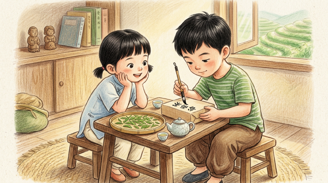 On the day of Grain Rain, Xiaoming and his mom visited a mountain tea garden where an old master taught them how to pick the most tender tea leaves. After spending over two hours picking a full basket of tea, they returned home and brewed the fresh tea with Dad, who remarked that things made by your own hands always taste the best. Xiaoming also prepared a gift box of tea leaves with hand-written calligraphy for his grandma, and fell asleep happily planning to bring her to the tea garden next year.