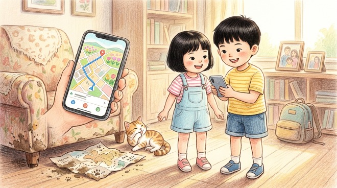 Xiao Ming and Lili planned a trip with Lili's family to see flower fields in the countryside for May Day, but their paper map was accidentally knocked off the table by Xiao Ming and then dragged under the sofa and ruined by Lili's cat. Lili suggested using a phone map instead, and they successfully found the route, enjoyed the beautiful flowers, and had a wonderful day together.