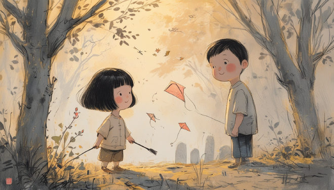 On Qingming Festival, Xiao Ming and Lili join their parents to sweep the ancestral graves, and afterward enjoy flying kites together in an open field, finding both meaning and joy in the day.