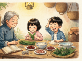 Before the Dragon Boat Festival, Xiao Ming and Lili visit their grandma to learn how to wrap zongzi, during which grandma tells them the story of Qu Yuan and how people threw rice into the river to protect him, which became the origin of zongzi. After several funny and clumsy attempts, including Xiao Ming accidentally dropping all his rice into a water basin, both children successfully wrap their first zongzi. They bring a big basket of cooked zongzi home to share with their parents, and the whole family enjoys a happy Dragon Boat Festival together.