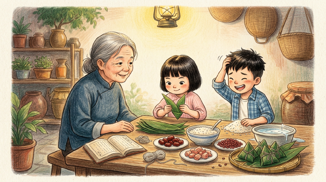 Before the Dragon Boat Festival, Xiao Ming and Lili visit their grandma to learn how to wrap zongzi, during which grandma tells them the story of Qu Yuan and how people threw rice into the river to protect him, which became the origin of zongzi. After several funny and clumsy attempts, including Xiao Ming accidentally dropping all his rice into a water basin, both children successfully wrap their first zongzi. They bring a big basket of cooked zongzi home to share with their parents, and the whole family enjoys a happy Dragon Boat Festival together.