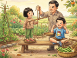 The day before the Start of Summer festival, sister Lili and her younger brother Xiaoming picked broad beans and bamboo shoots from their garden, and their mother taught them how to cook a traditional Start of Summer rice with the fresh ingredients. Xiaoming also wove a colorful egg pouch from silk threads and proudly hung a boiled egg around his neck, while their father carried out the tradition of weighing everyone, revealing that both children had grown since last year. The family enjoyed a delicious meal together and happily welcomed the new summer season.
