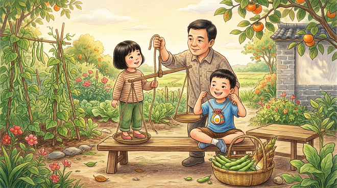 The day before the Start of Summer festival, sister Lili and her younger brother Xiaoming picked broad beans and bamboo shoots from their garden, and their mother taught them how to cook a traditional Start of Summer rice with the fresh ingredients. Xiaoming also wove a colorful egg pouch from silk threads and proudly hung a boiled egg around his neck, while their father carried out the tradition of weighing everyone, revealing that both children had grown since last year. The family enjoyed a delicious meal together and happily welcomed the new summer season.