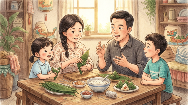 A family prepares for the Dragon Boat Festival by making zongzi together, and the father tells the children the story of Qu Yuan to explain the tradition's origin. The children learn about their culture and happily enjoy the zongzi they made themselves.