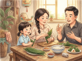 A family prepares for the Dragon Boat Festival by making zongzi together, and the father tells the children the story of Qu Yuan to explain the tradition's origin. The children learn about their culture and happily enjoy the zongzi they made themselves.