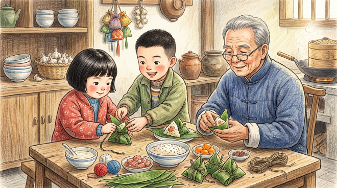 Xiaoming and Lili want to learn to make zongzi for the Dragon Boat Festival and their grandfather teaches them. After struggling at first, they practice carefully and succeed, feeling joyful and finding the holiday more meaningful now that they can make their own delicious zongzi.