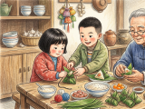 Xiaoming and Lili want to learn to make zongzi for the Dragon Boat Festival and their grandfather teaches them. After struggling at first, they practice carefully and succeed, feeling joyful and finding the holiday more meaningful now that they can make their own delicious zongzi.